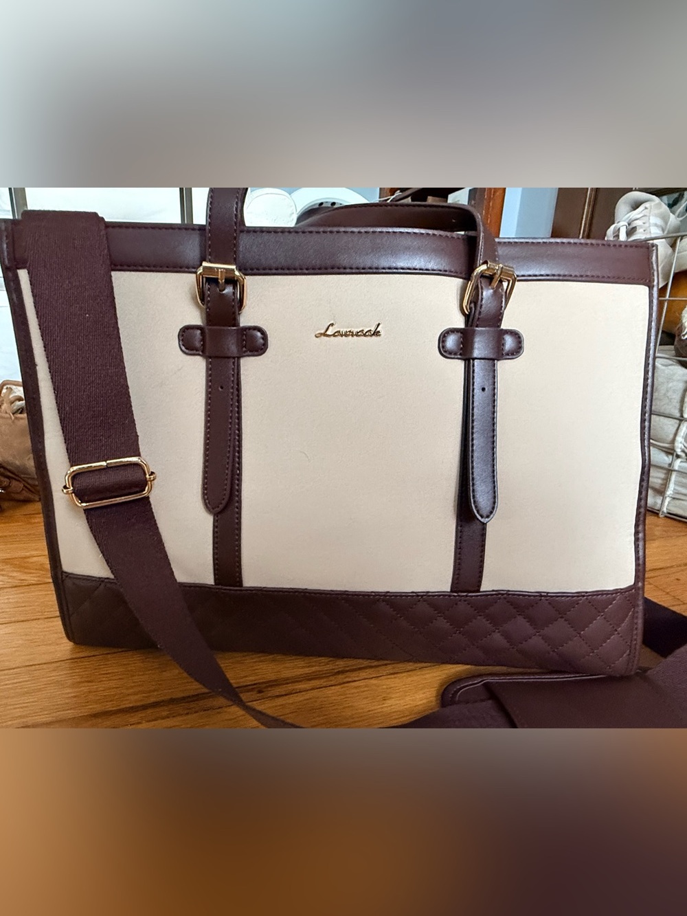 Lovevook Two-Tone Beige and Brown Laptop Tote with Gold Hardware